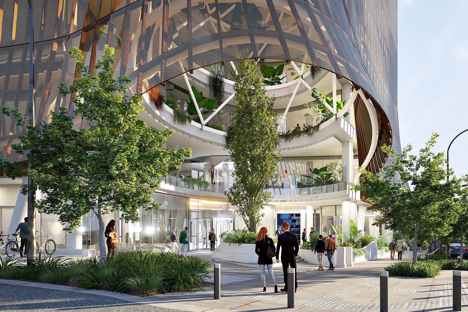 High-end architectural rendering featuring a landmark commercial tower with integrated sky gardens, transparent façades, and vibrant pedestrian-focused urban spaces — Realistic3D