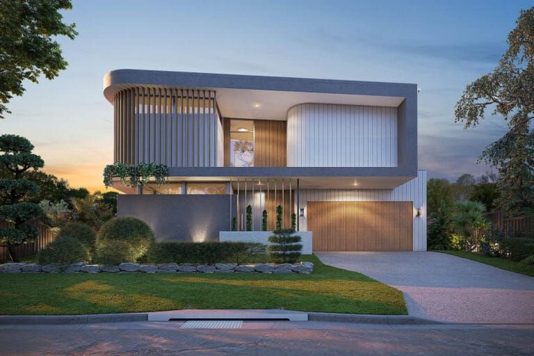 Photorealistic architectural exterior rendering of contemporary luxury residence — Realistic3D