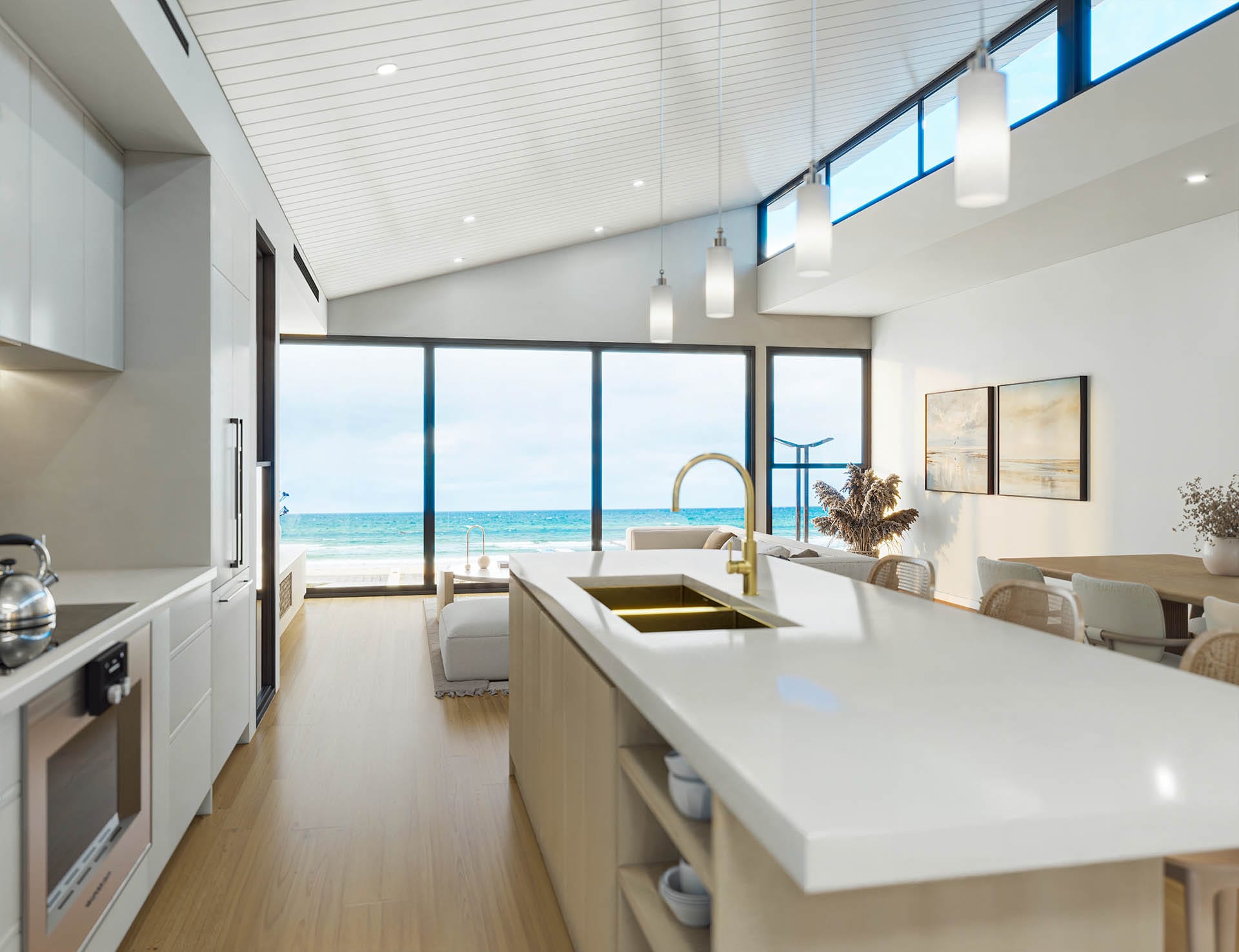 Photorealistic kitchen rendering with island, ocean views, and natural light
