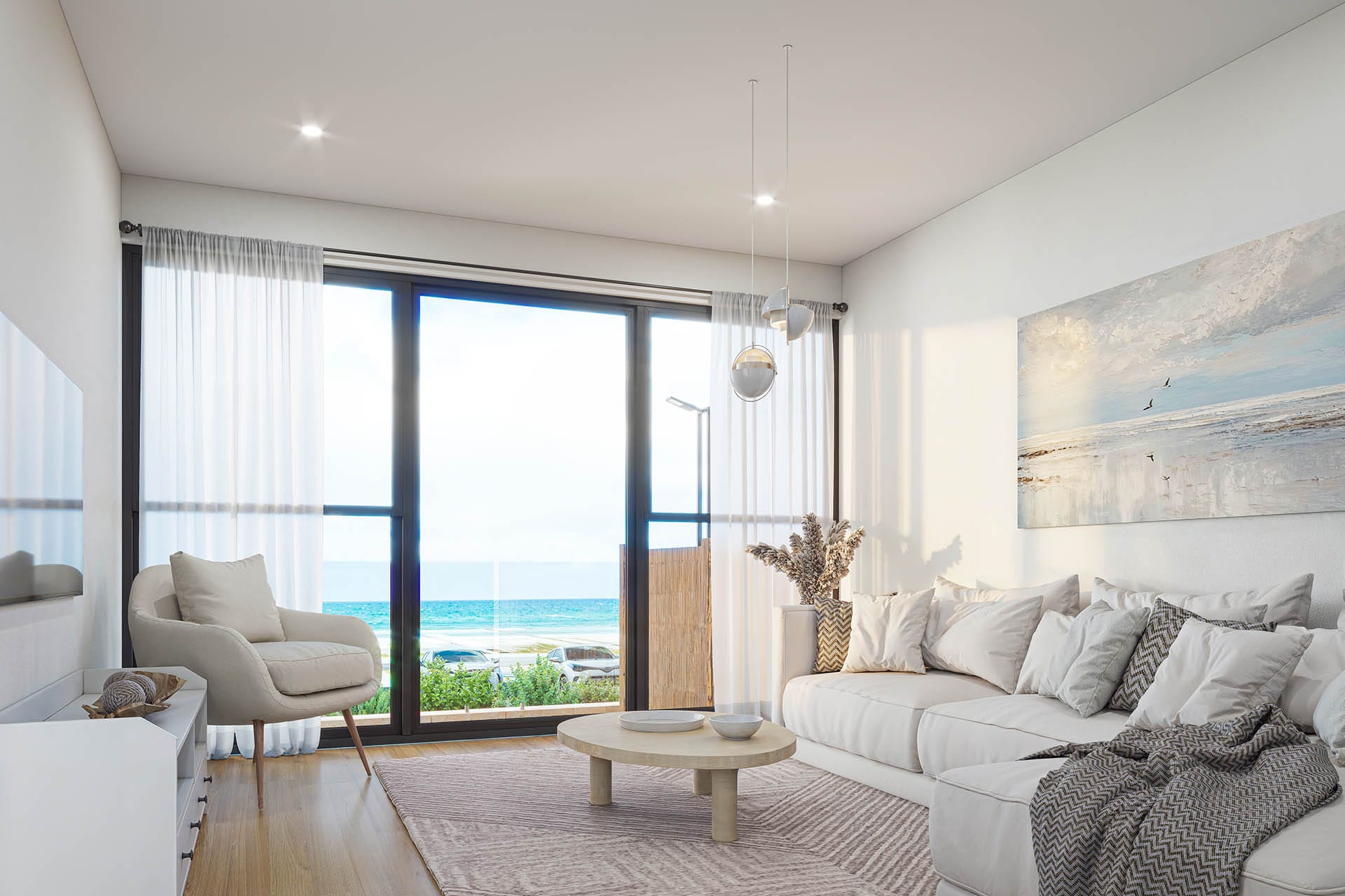 Photorealistic living room rendering with coastal views and contemporary furnishings