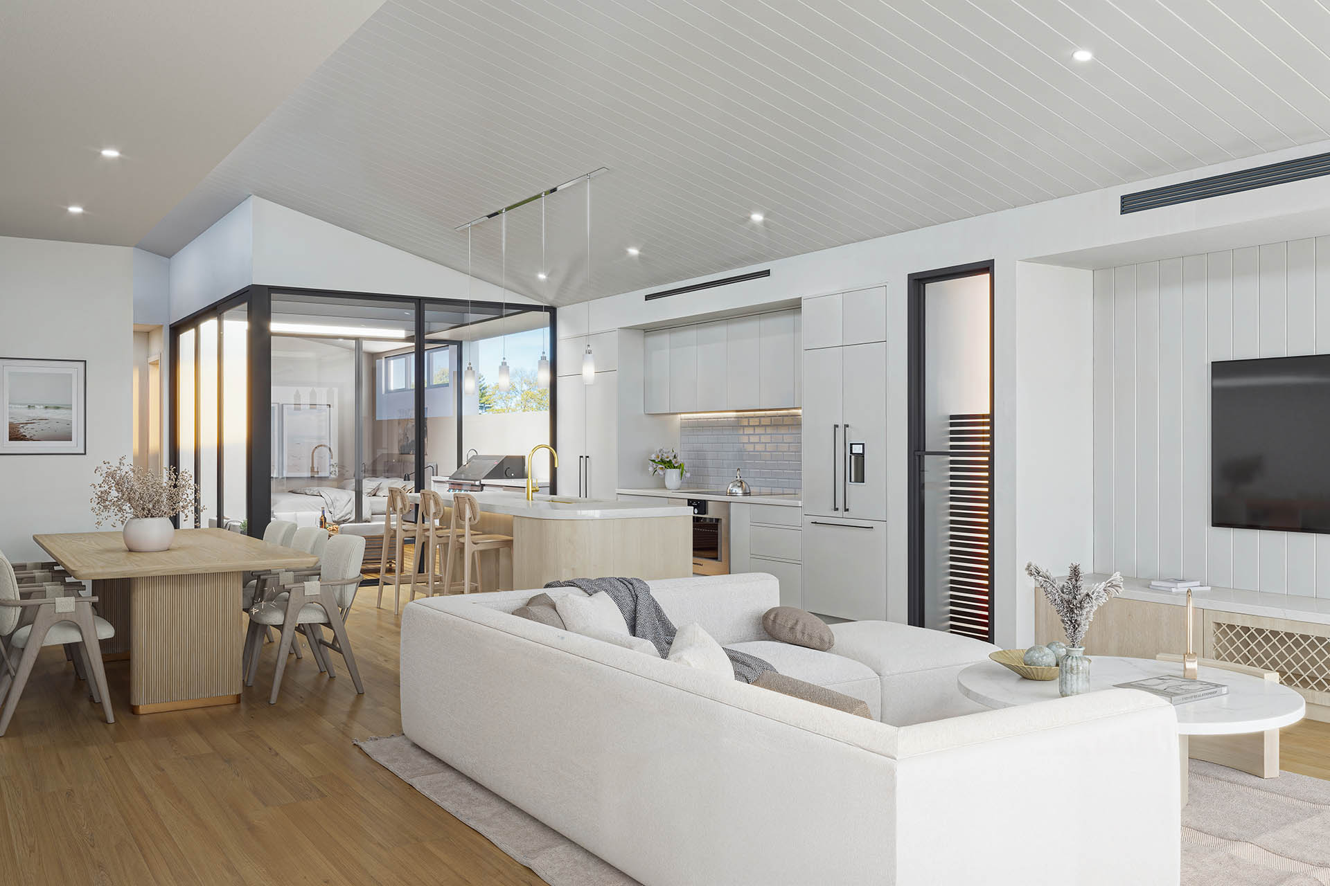 Photorealistic interior rendering of contemporary open-plan living space by Realistic3D