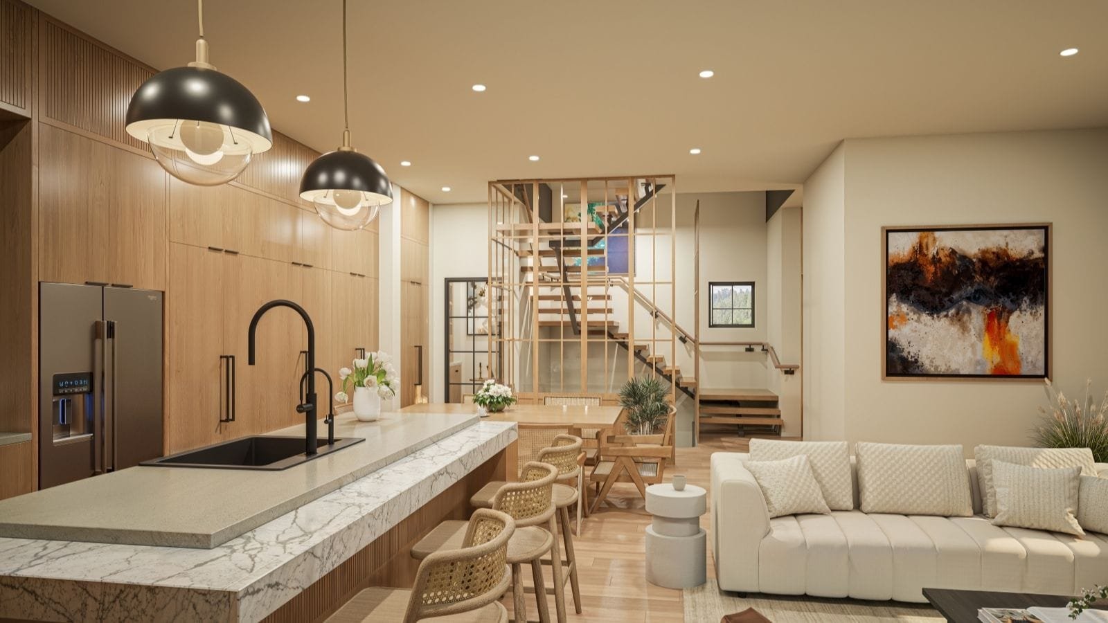 Modern open-plan kitchen and living interior by Realistic 3D
