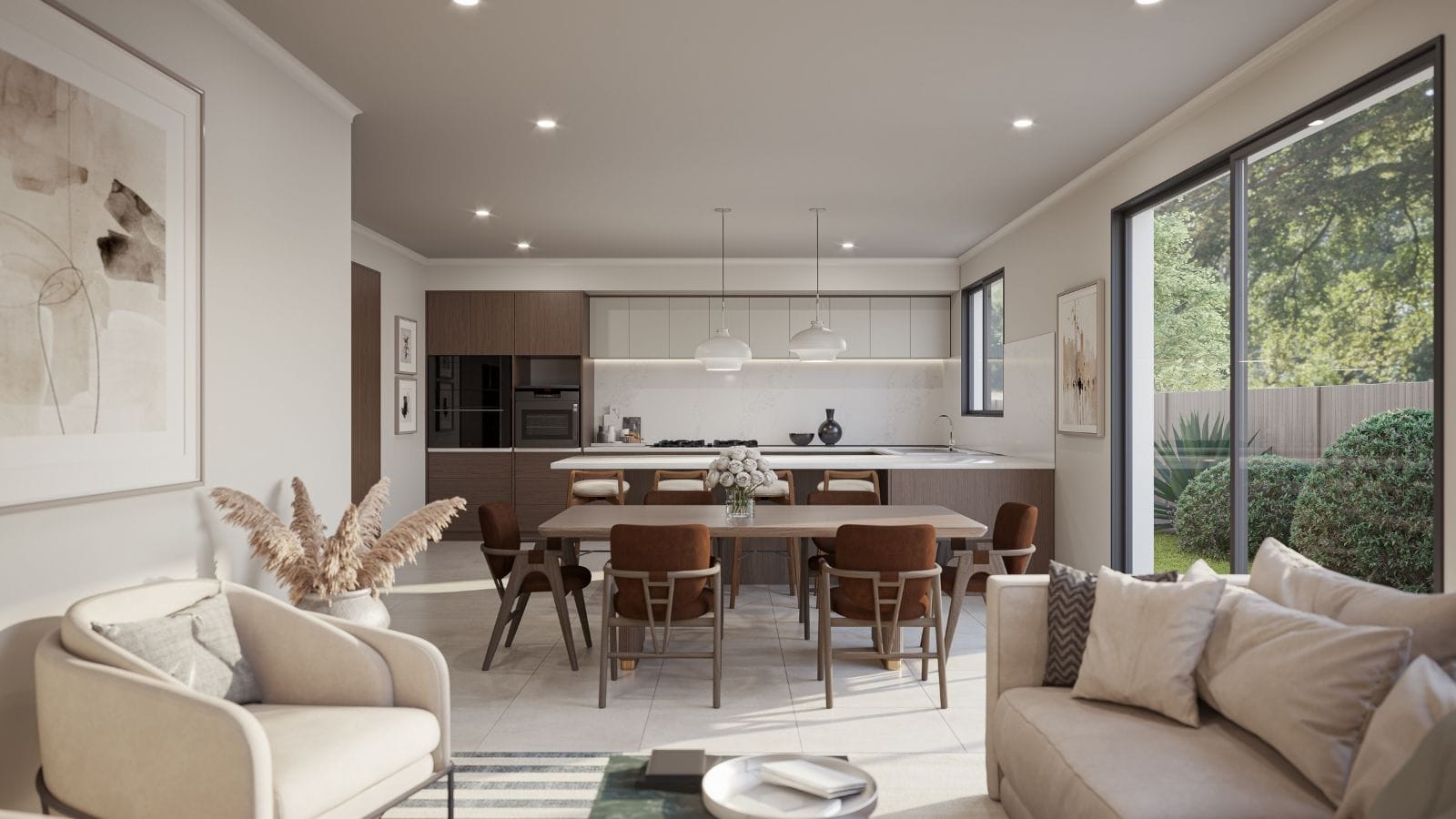 Open-plan living, dining and kitchen interior by Realistic 3D
