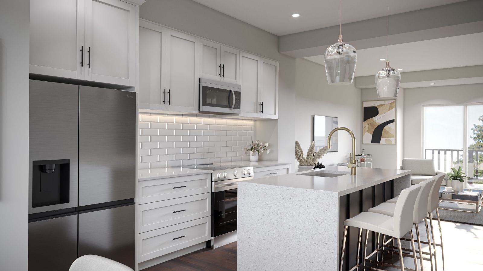 Modern white kitchen with island and dining area by Realistic 3D