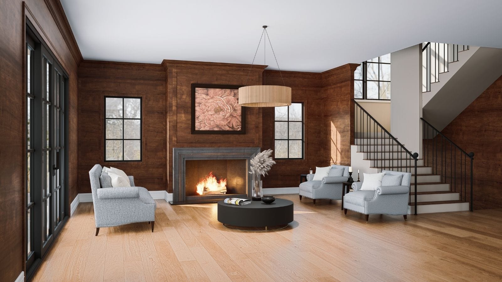 Elegant wood-paneled living room with fireplace by Realistic 3D