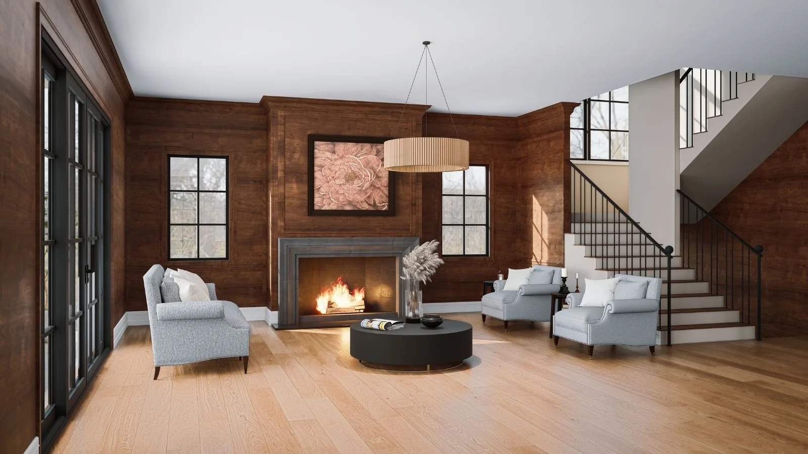 Elegant wood-paneled living room with fireplace by Realistic 3D