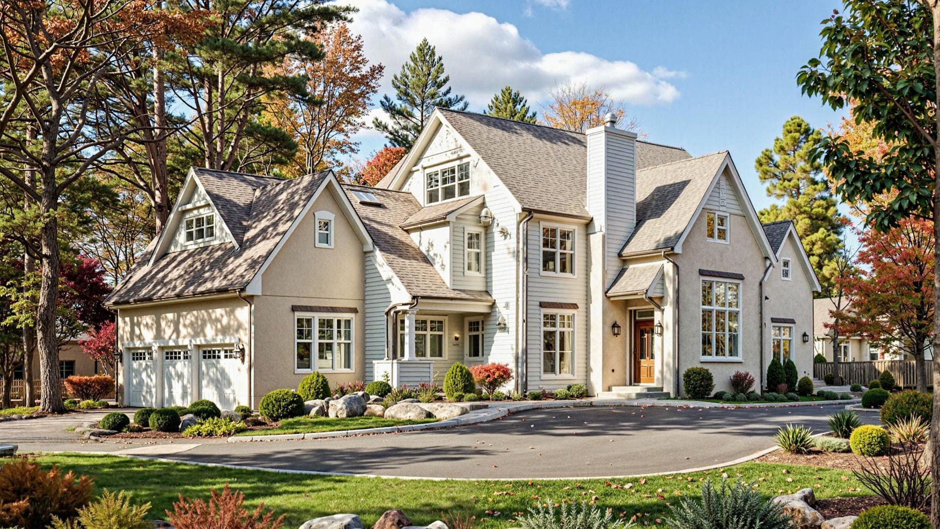 Detailed residential exterior featuring white siding, stonework, and greenery by Realistic 3D
