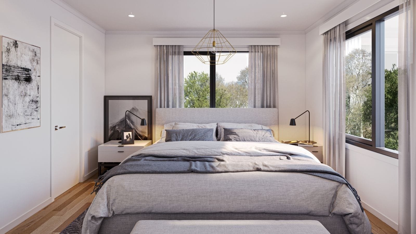 Modern minimalist bedroom interior with natural views by Realistic 3D