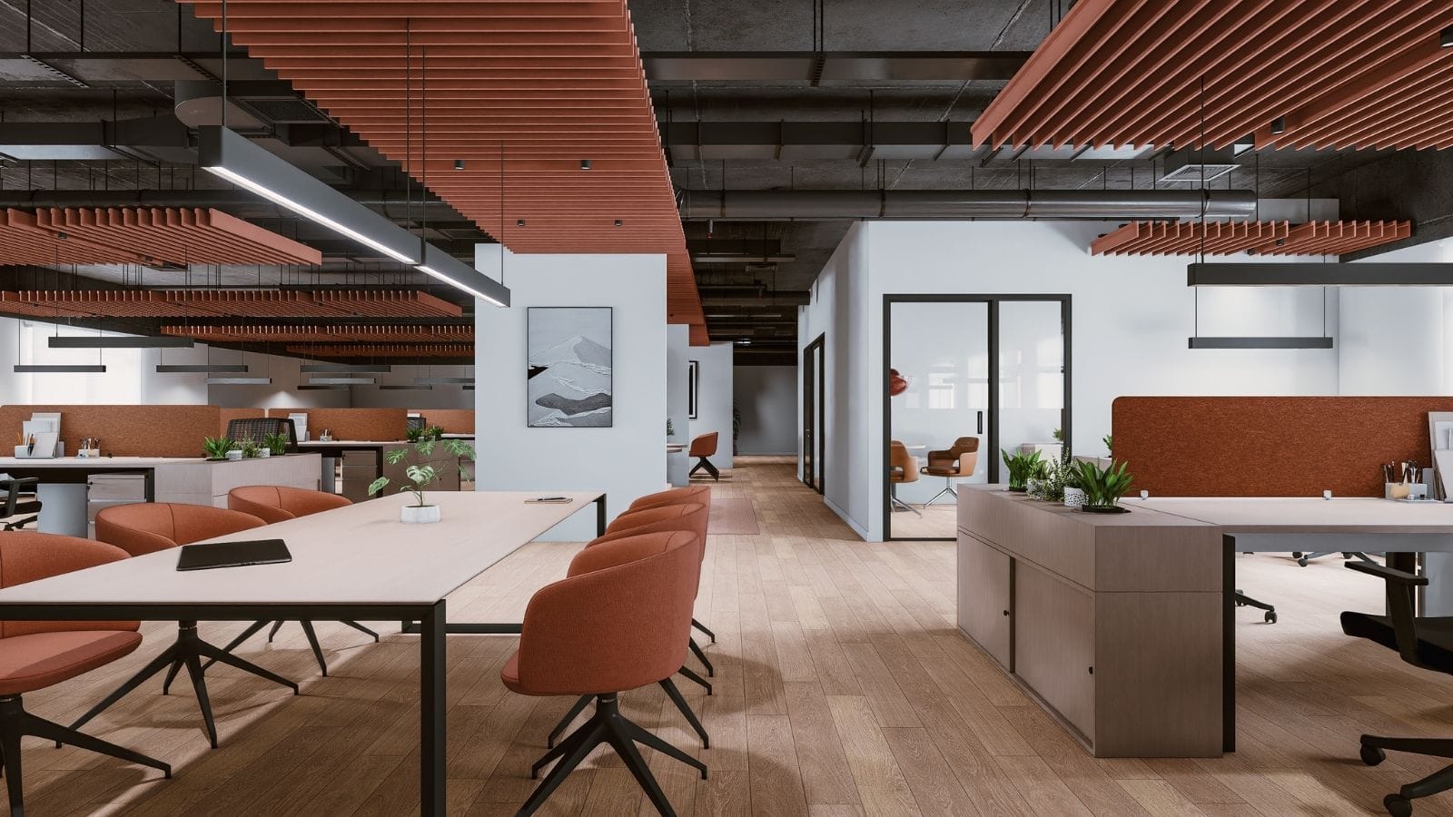 Contemporary office interior with collaborative workspace by Realistic 3D