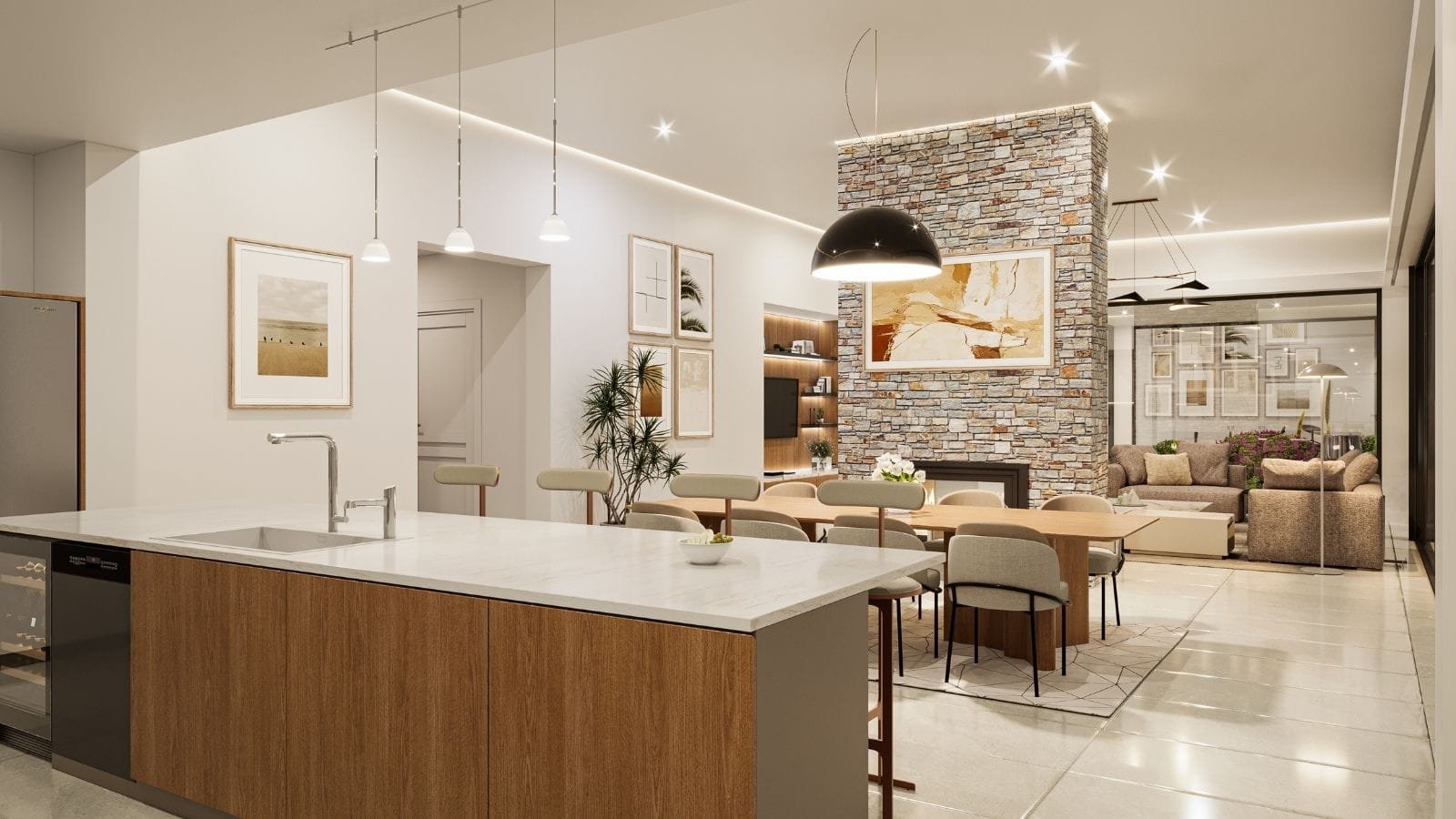 Modern open-plan kitchen and living interior by Realistic 3D