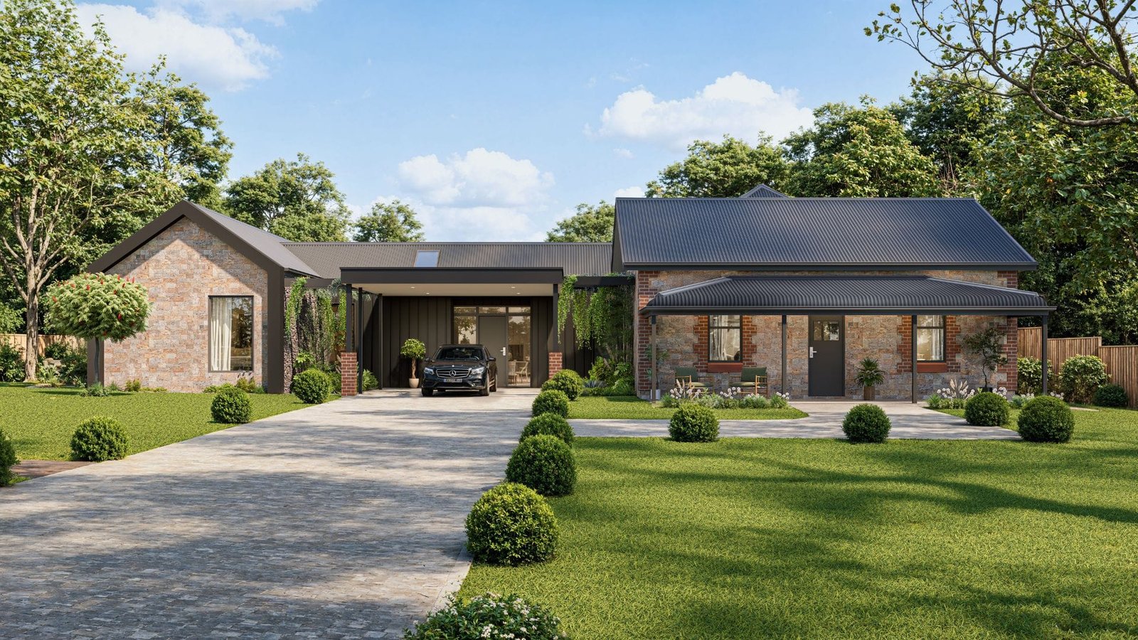 Single-Storey Brick Home with Modern Driveway and Garden by Realistic 3D