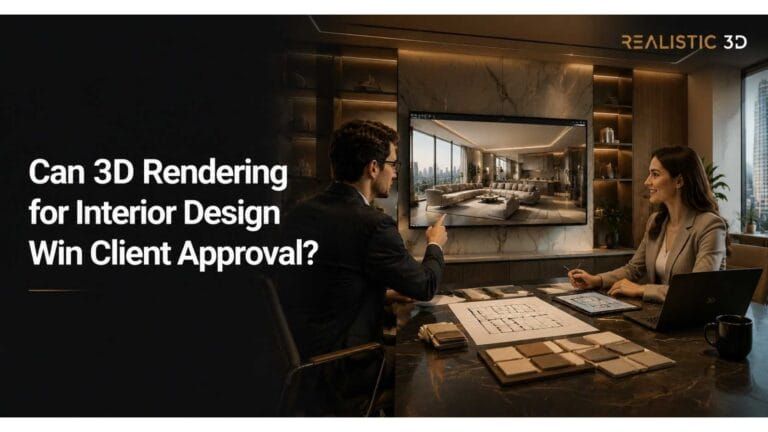Interior designer presenting 3D render with organized client revision workflow.