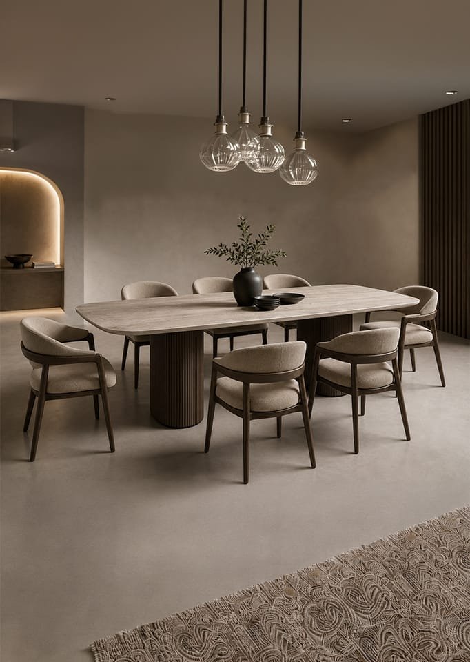 Minimalist dining room 3D interior rendering with wooden table by Realistic 3D