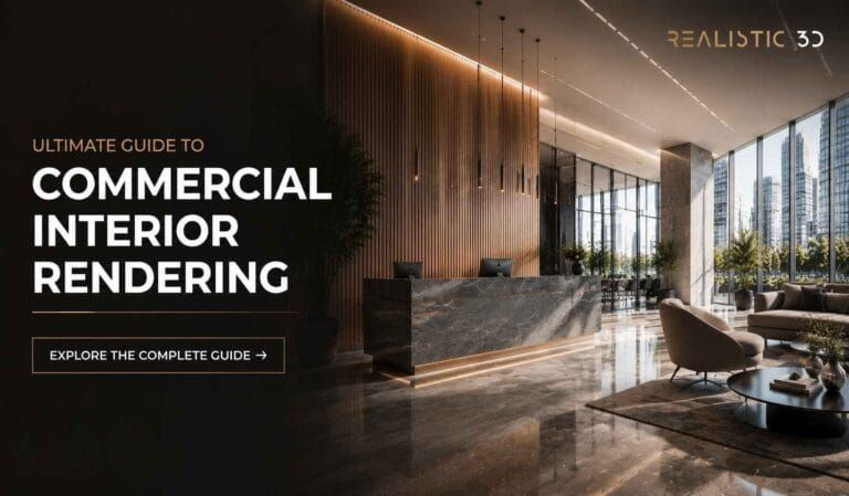 Photorealistic commercial office lobby with prospective tenants discussing a modern workspace
