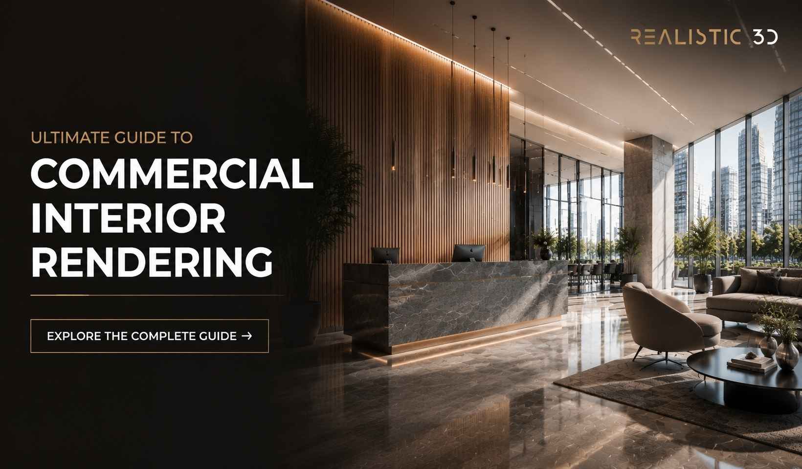 Photorealistic commercial office lobby with prospective tenants discussing a modern workspace