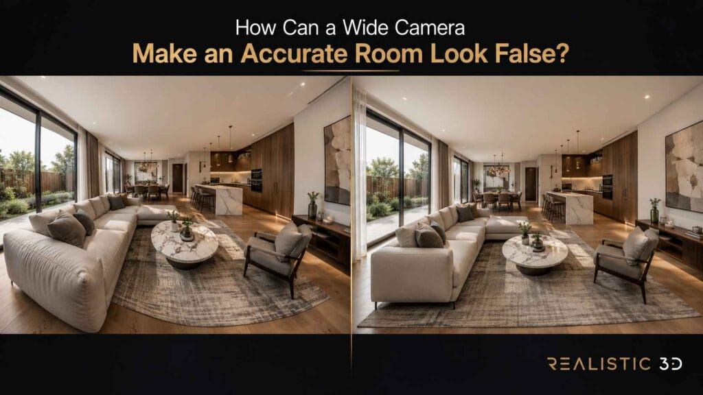 Luxury interior rendering comparison showing wide-angle and realistic room perspectives