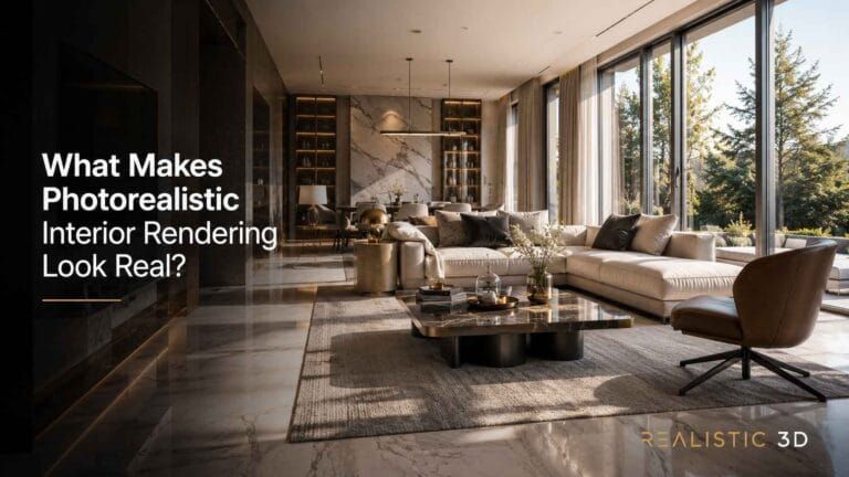 Wide-angle versus realistic interior rendering perspective comparison in luxury living space