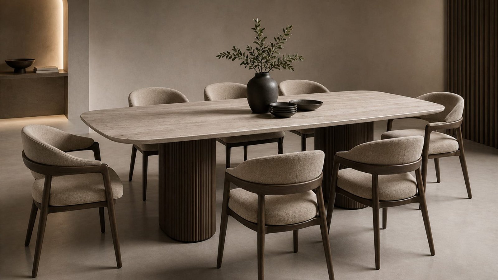Luxury dining table and upholstered chairs interior visualization Realistic 3D