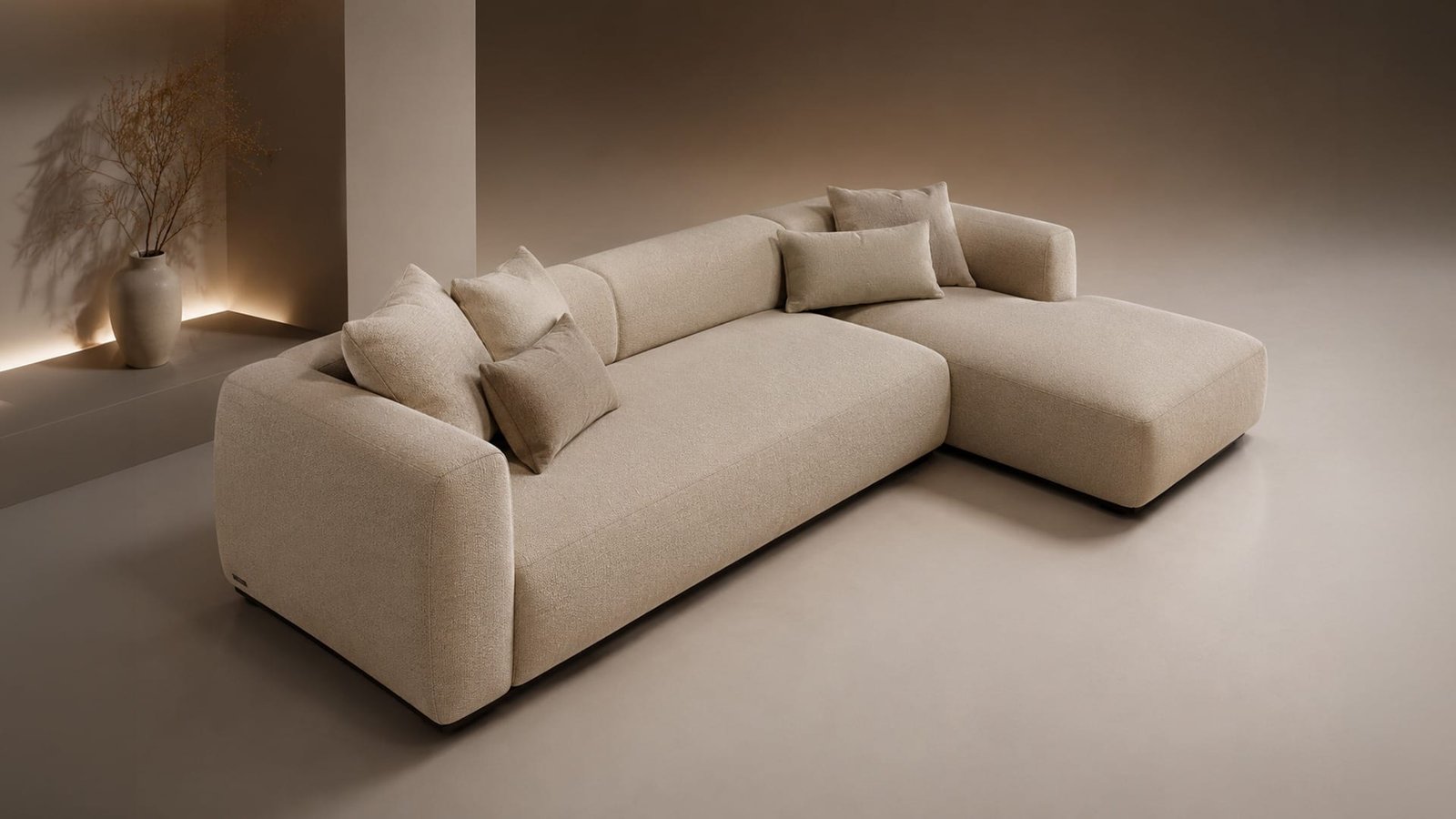 Modern beige sectional sofa with cushions, Realistic 3D