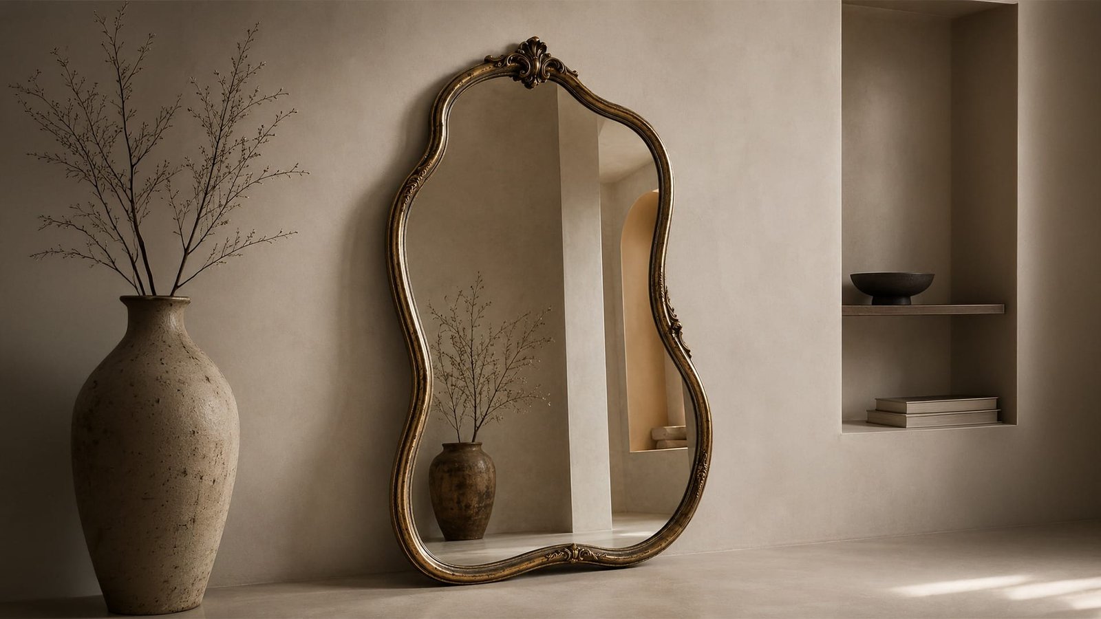 Ornate vintage floor mirror with ceramic vase, Realistic 3D