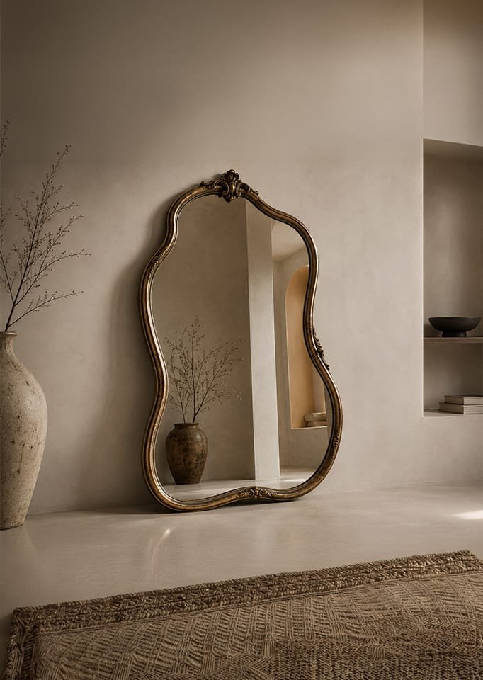 Ornate vintage floor mirror in warm interior setting, Realistic 3D