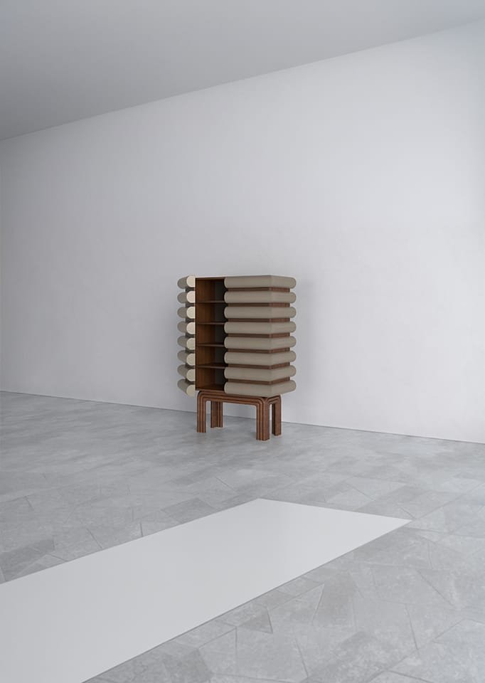 Small cabinet with stacked rounded fronts on a walnut stand, 3D product render by Realistic 3D