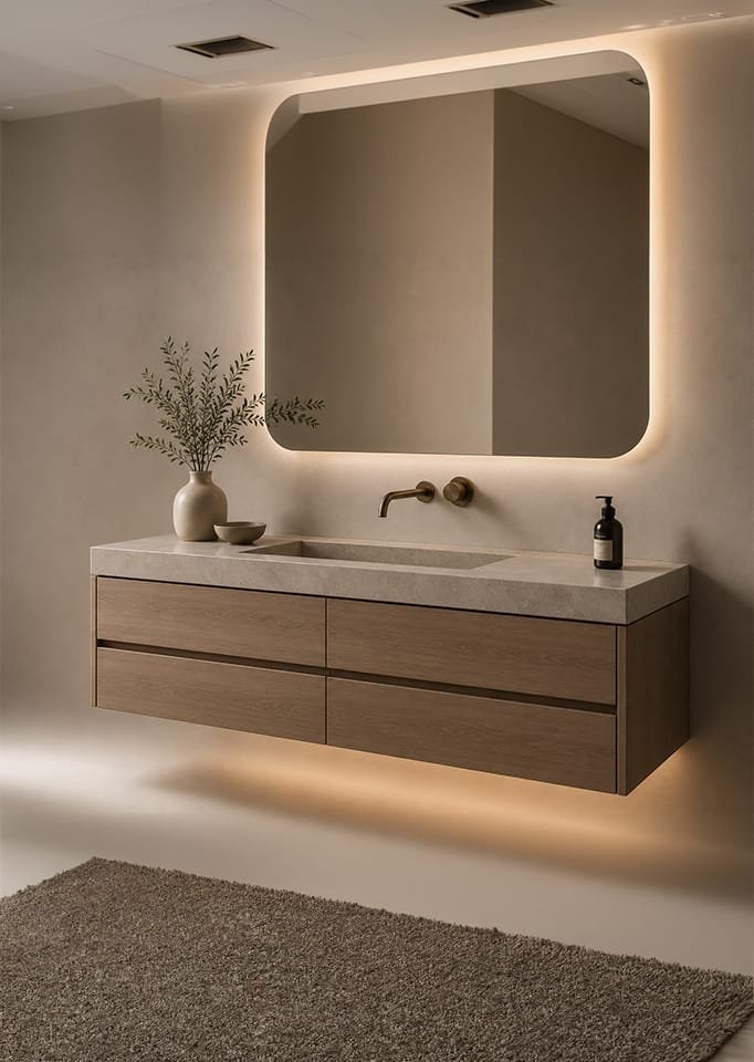 Modern floating bathroom vanity with backlit mirror 3D render by Realistic 3D