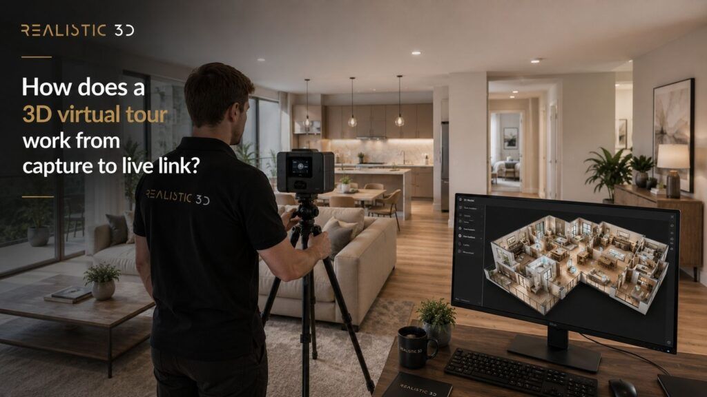 Modern apartment captured with 3D scanning equipment for virtual tours, Realistic3D.