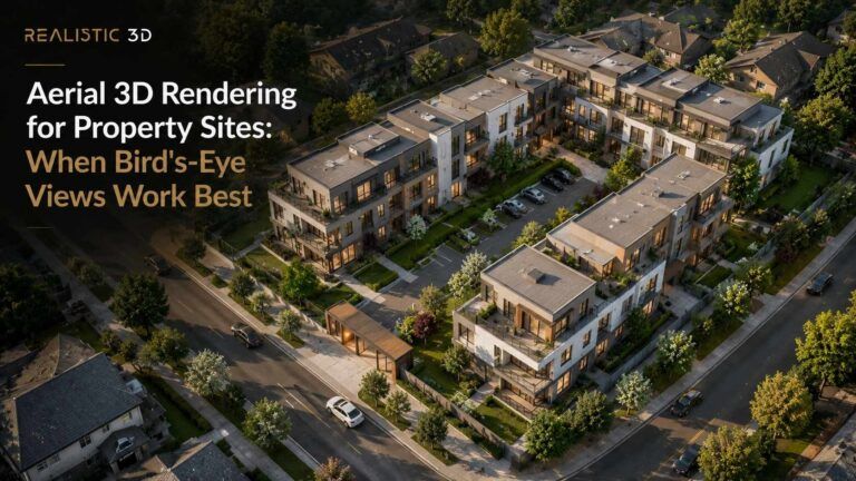 Bird’s-eye architectural visualization of modern properties, landscaped gardens, roads, and parking, Realistic3D.