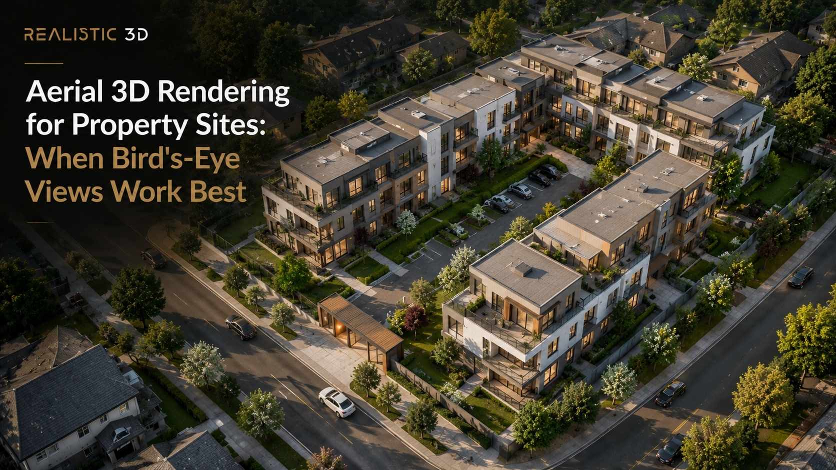 Bird's-eye visualisation of modern properties, landscaped gardens, roads and parking