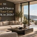 Luxury modern living room with waterfront views, Realistic 3D branding, and the heading “How Much Does a Virtual Tour Cost in 2026? Pricing Guide.”
