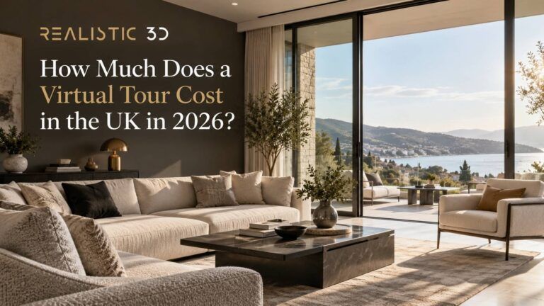 Luxury modern living room with waterfront views, Realistic 3D branding, and the heading “How Much Does a Virtual Tour Cost in 2026? Pricing Guide.”