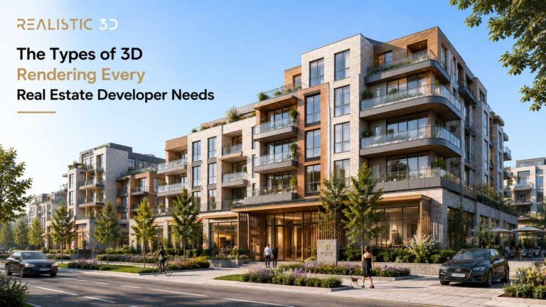 Modern property development illustrating exterior architecture, interiors and site context, Realistic 3D.