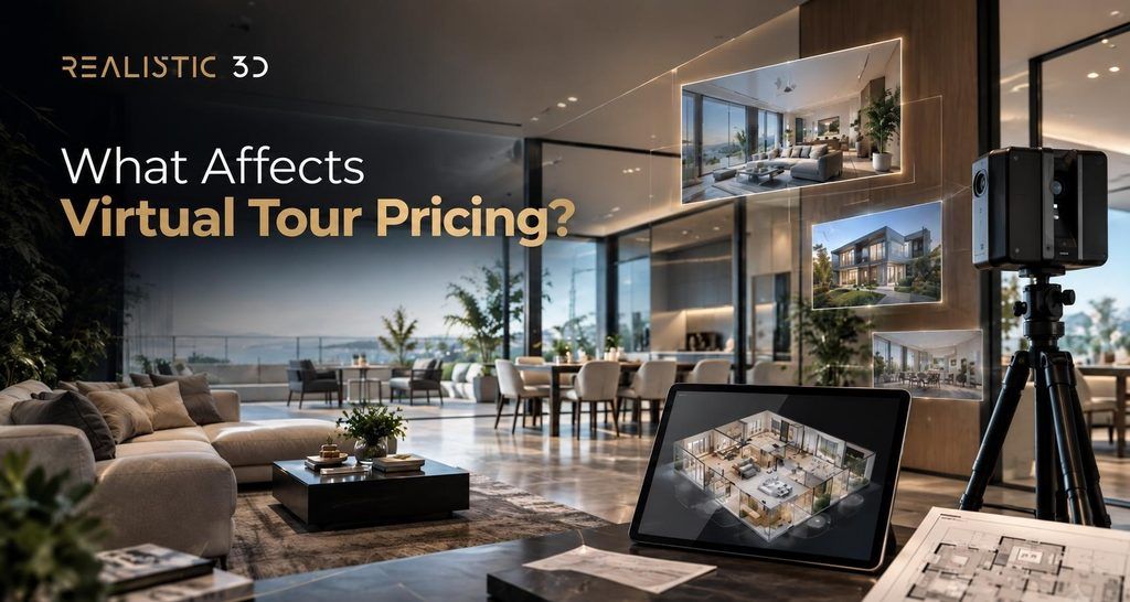 Luxury modern interior with virtual tour scanning equipment and 3D property visualization, illustrating factors that affect virtual tour pricing.