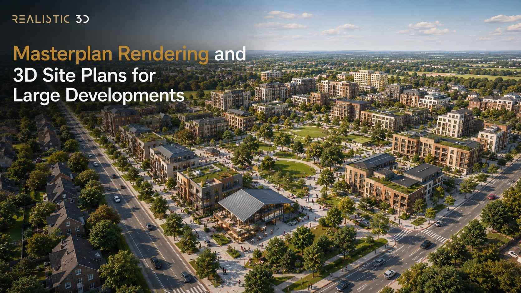 Aerial masterplan rendering of residential buildings, parks, roads and public spaces
