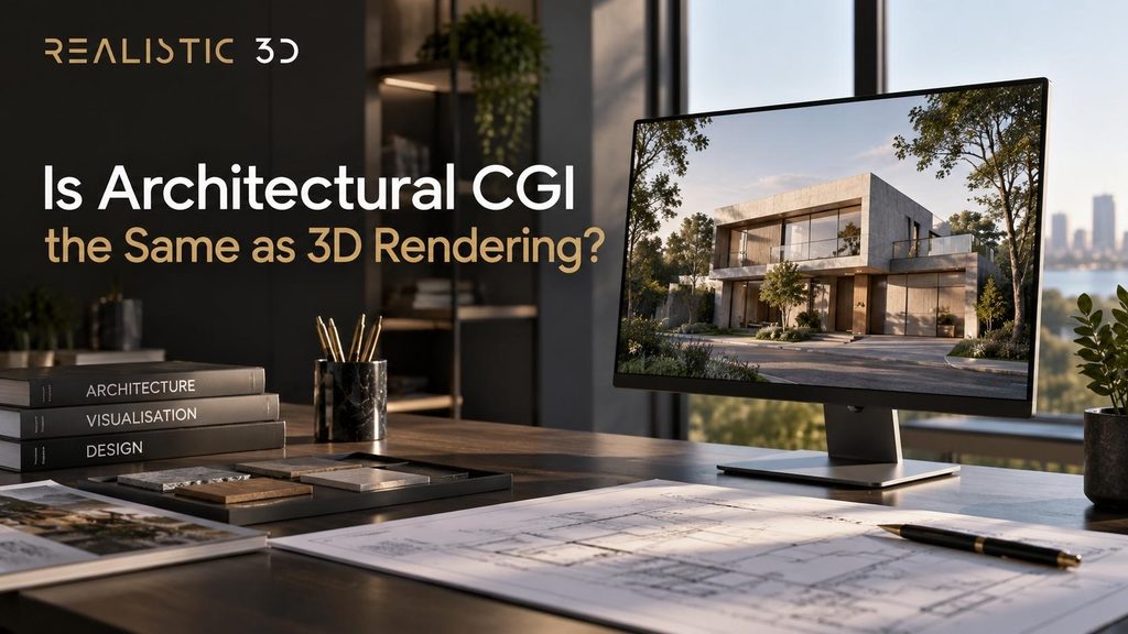 Architectural CGI and 3D rendering workflow shown in modern studio