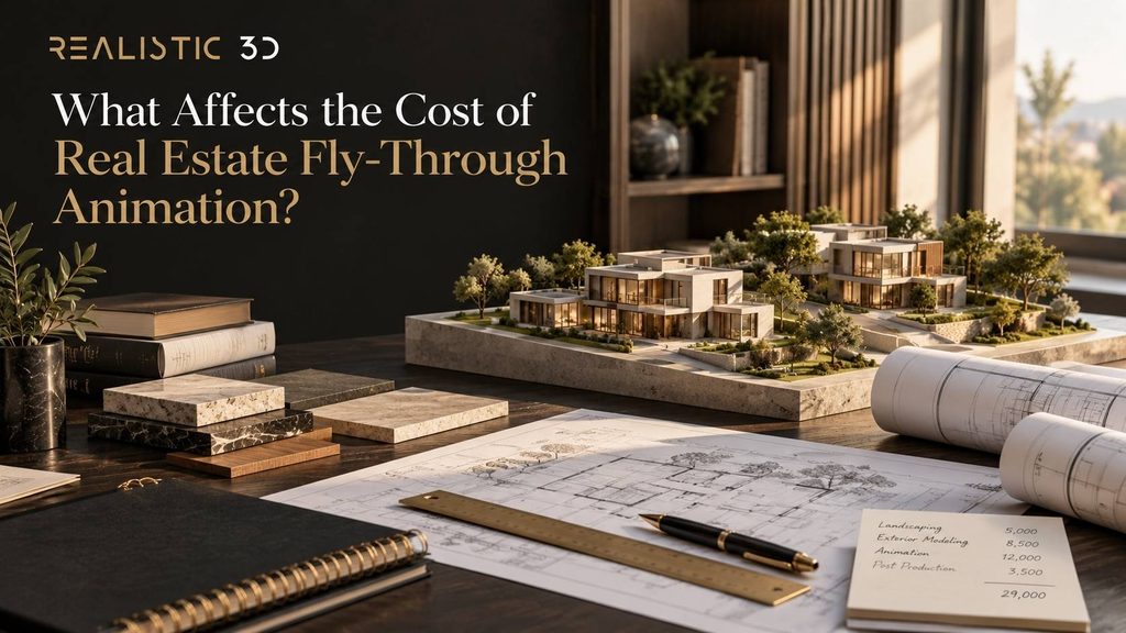 Architectural workspace with model homes, plans, and cost note for fly-through animation.