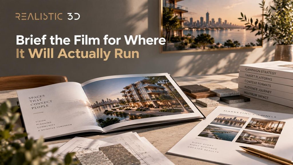 Editorial real estate marketing desk showing property film distribution planning materials.