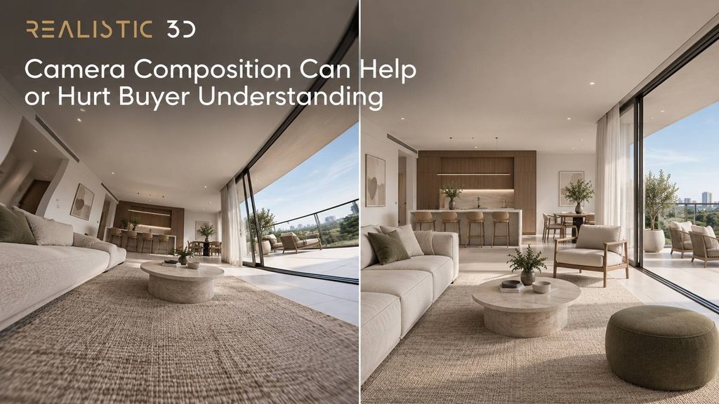 3D animation camera composition comparing distorted and balanced apartment interior views.