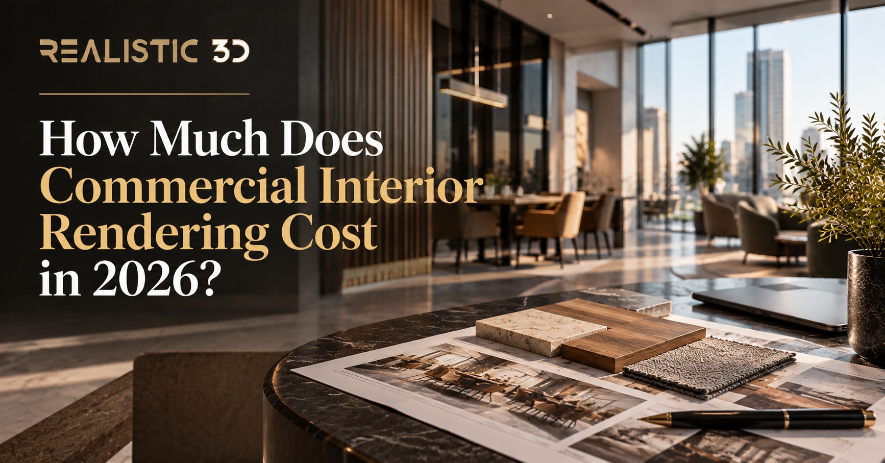 Commercial interior rendering cost 2026 banner with luxury dining space and samples