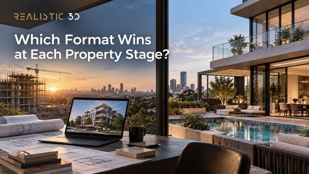 3D animation showing construction and completed property stages in luxury real estate.
