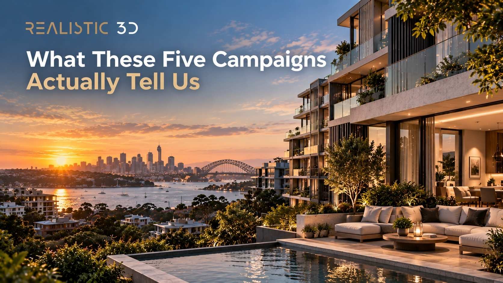 Real estate campaign boards in a premium workspace showing five 3D marketing insights.