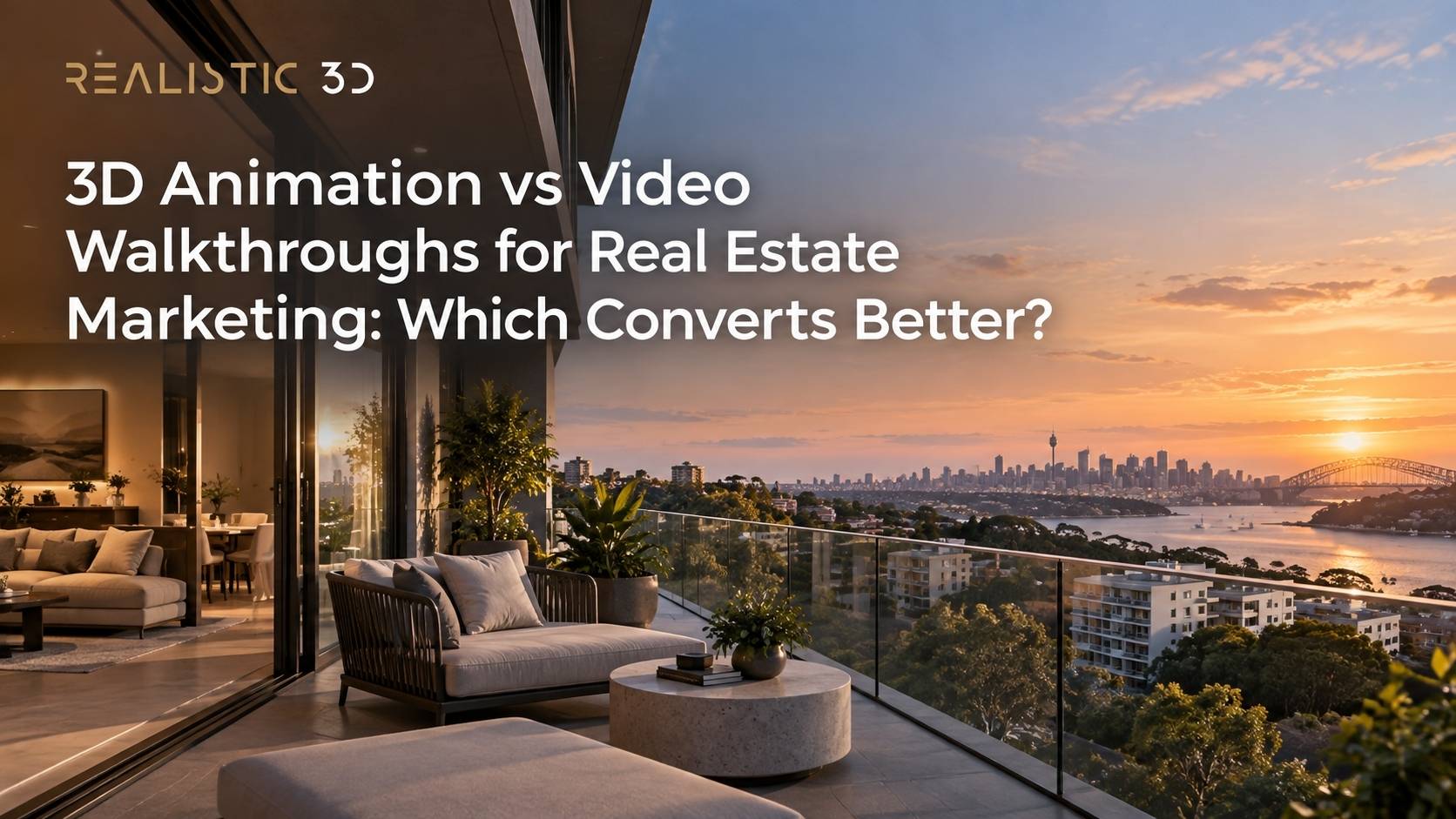 3D animation comparing construction stage and completed luxury property marketing visuals.