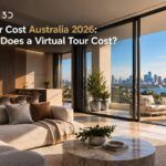 Luxury Australian apartment interior overlooking Sydney Harbour with virtual tour pricing headline.