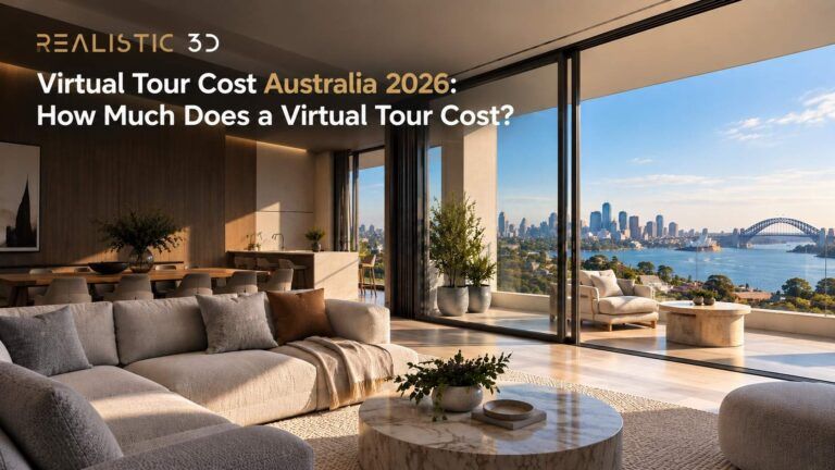 Luxury Australian apartment interior overlooking Sydney Harbour with virtual tour pricing headline.