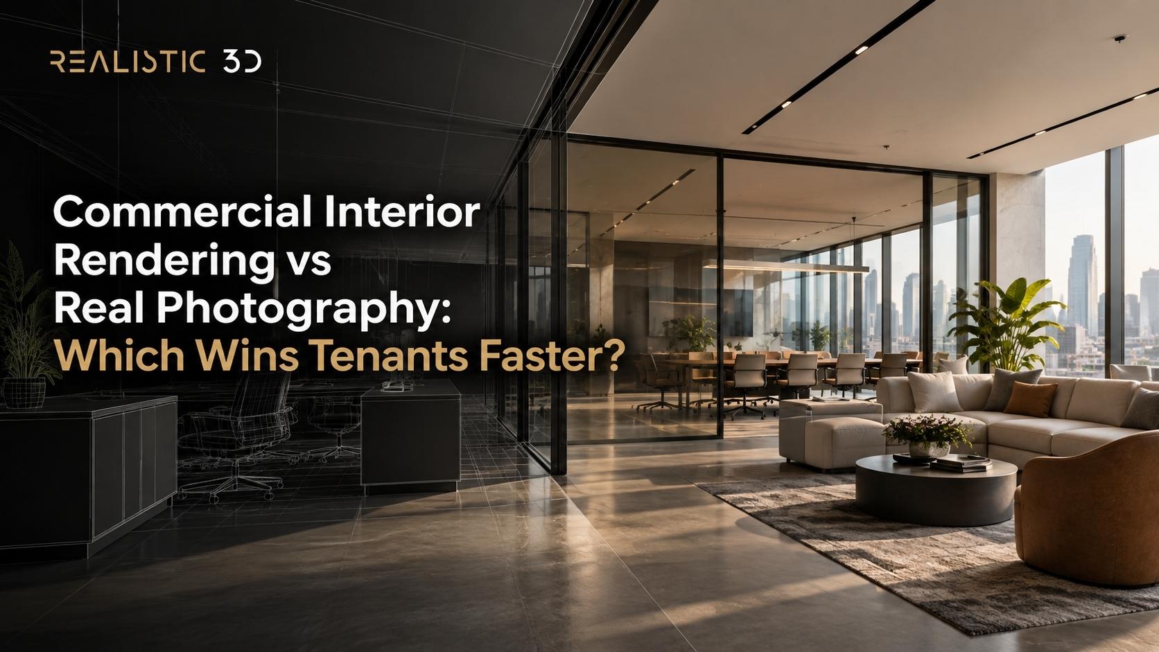 Commercial office interior transitioning from real photography to CGI workplace visualization.