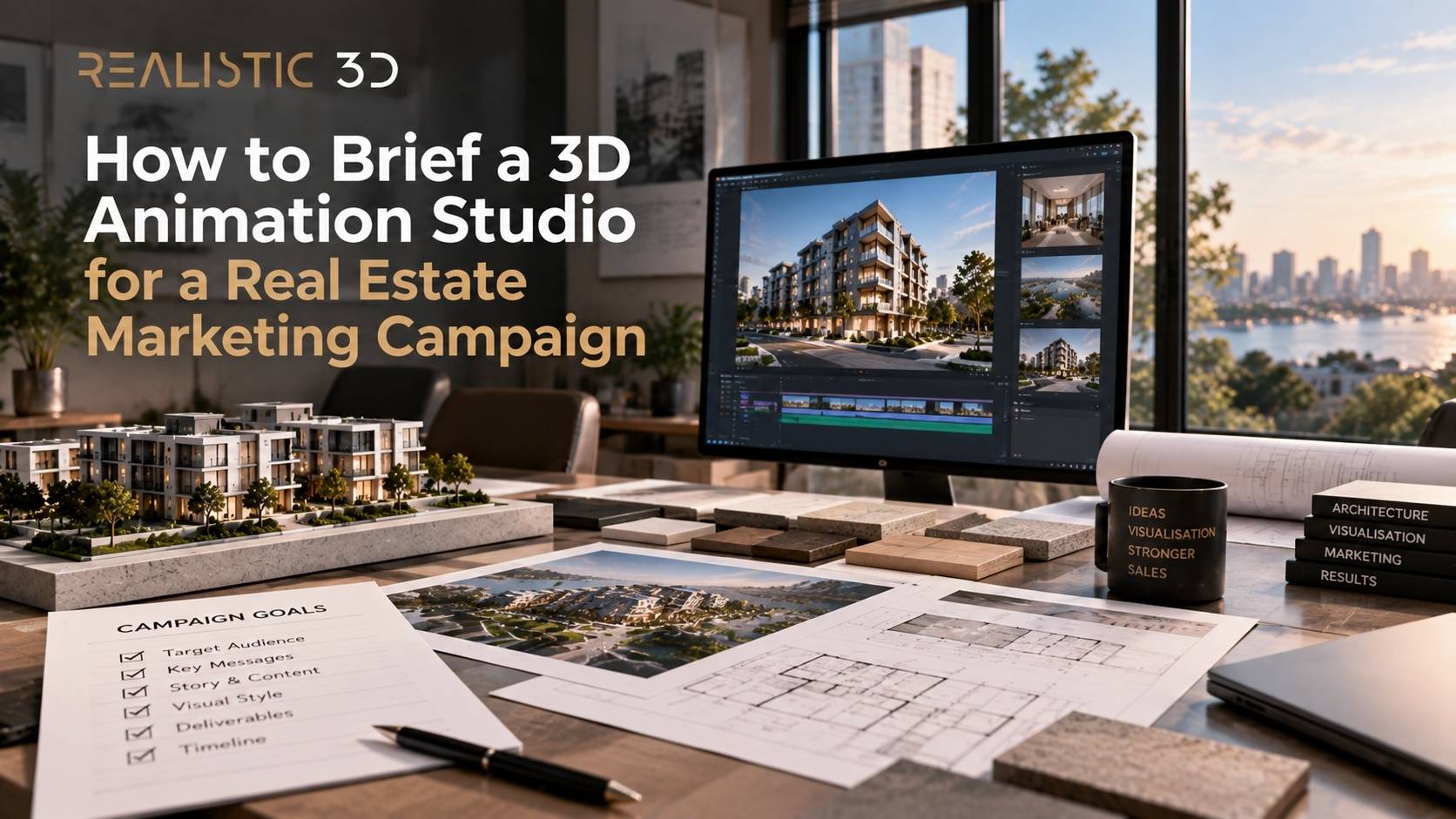 Editorial desk scene showing property film distribution planning for real estate marketing