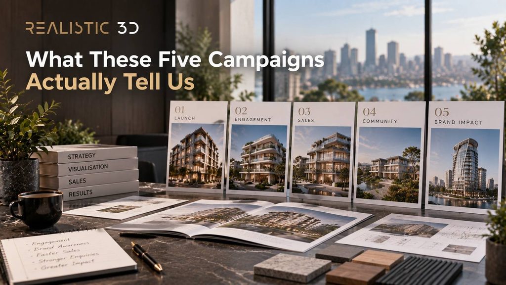 Premium real estate campaign boards illustrating five key 3D animation marketing lessons.