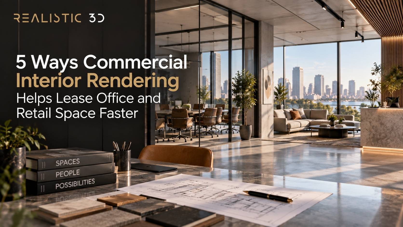 Premium office leasing render brief with floor plans, material samples, and branding.
