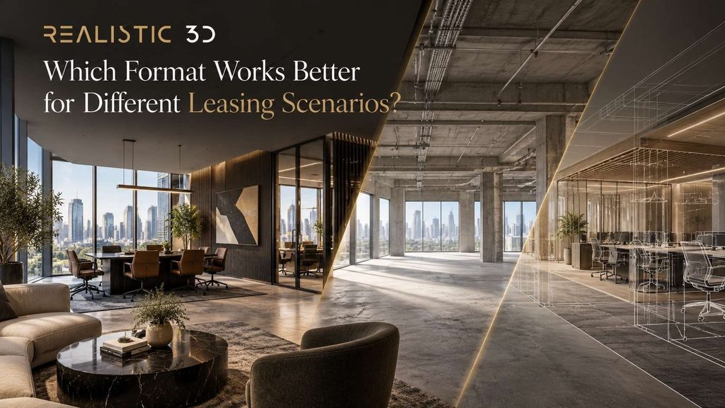 Premium office scene comparing finished interior, vacant shell, and CGI fit-out.
